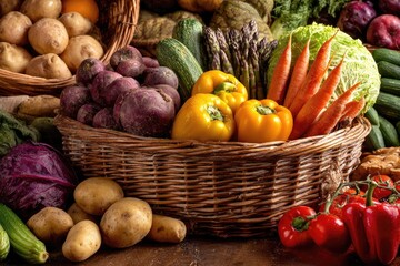 Abundant wicker baskets overflowing with fresh produce. A variety of colorful vegetables and roots are piled high