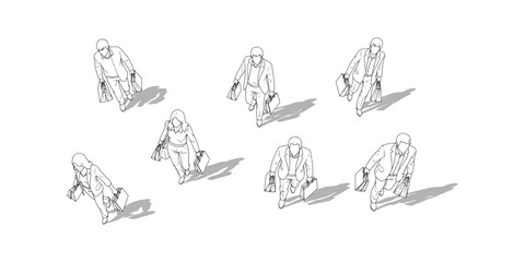 CAD Drawings. Top view of people holding shopping bags, walking or standing isolated on white background. Vector illustration.