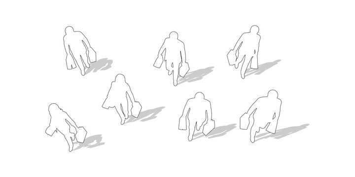 CAD Drawings. Top view of outline people holding shopping bags, walking or standing isolated on white background. Vector illustration.