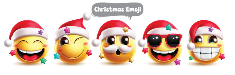 Christmas emojis Santa characters clipart set. Emoji Christmas Santa Claus character clip art in happy, winking, smiling, cute, cool and naughty facial expression emoticon collection vector 