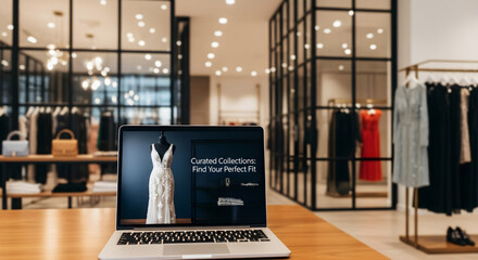 Contemporary clothing store interior with open laptop promoting elegant evening dress and curated online style collections