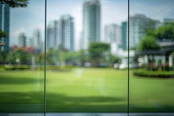 Blurred view of city park through glass walls.  Urban park scene, softened by glass.  Cityscape seen in soft focus.?Green lawn, trees, buildings in background