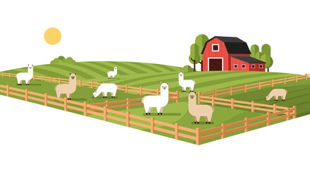 Herd of Alpacas Grazing in a Lush Green Pasture on a Sunny Day. © Jepry