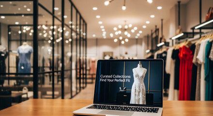 Contemporary clothing store interior with open laptop promoting elegant evening dress and curated online style collections