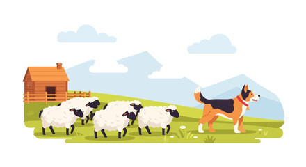 Sheepdog Herding Sheep in a Rural Farm Setting Illustration.