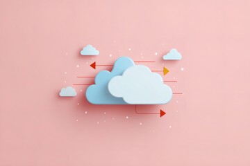 Multiple stylized clouds with directional arrows representing information transfer, data storage, and digital technology concepts