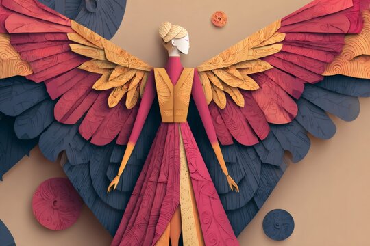 Angelic figure with large, layered wings in red, gold, and blue paper cut style. Showing freedom and elegance
