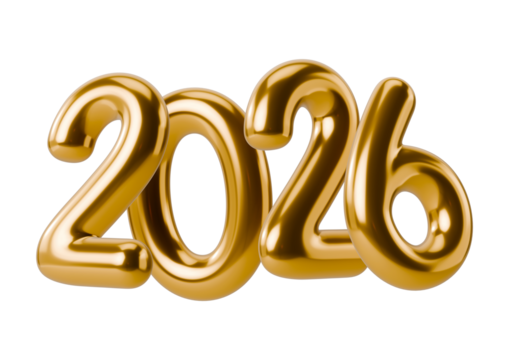 Golden 2026 year isolated on transparent background, new year celebration concept