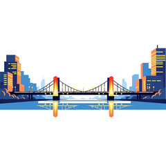 A suspension bridge with illuminated towers spans a river, reflecting in the water, with a city skyline in the background.