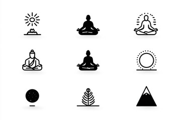 Minimal line icon set displaying various aspects of meditation and wellness, featuring figures in lotus pose and nature elements
