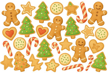 Fototapeta premium Christmas gingerbread cookies pattern with candy canes, stars, hearts, and decorated fir trees on transparent background