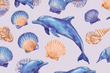 Obraz premium Underwater seamless pattern featuring blue dolphins and various colored seashells, creating an animated aquatic background design