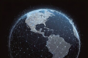 Earth globe featuring illuminated network lines and dots on continents, symbolizing global communication, data, and digital connectivity