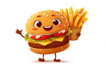 Smiling burger character holding a cup of golden french fries, representing fast food, combo meals, and happy dining