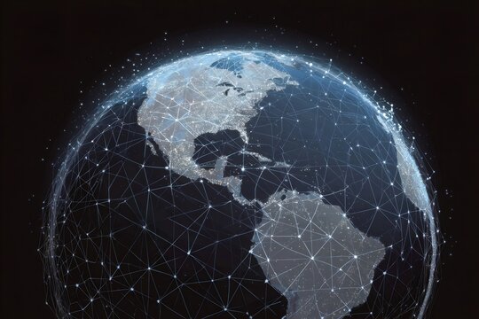 Earth globe featuring illuminated network lines and dots on continents, symbolizing global communication, data, and digital connectivity