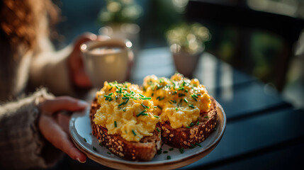 Cozy outdoor breakfast with scrambled eggs on toast and coffee.