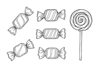 Outline of assorted candies and lollipop isolated on transparent background