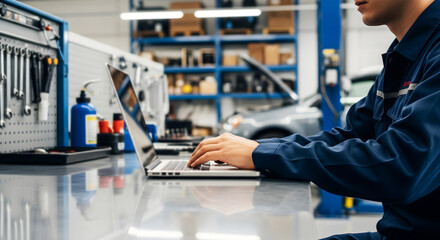 Mechanic using laptop on workshop table surrounded by professional tools and equipment for automotive maintenance tasks