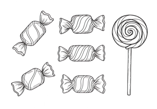 Outline of assorted candies and lollipop isolated on transparent background - Powered by Adobe