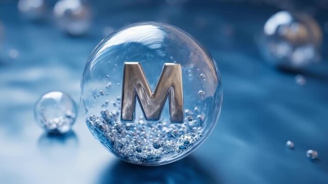 A shiny silver M enclosed in a clear glass bubble on a blue surface, with several smaller bubbles around.