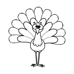 Happy Cartoon Turkey Line Art Vector, Large Fanned Tail Turkey Illustration, Playful Thanksgiving Turkey Outline, Thin Line Fun Bird Vector
