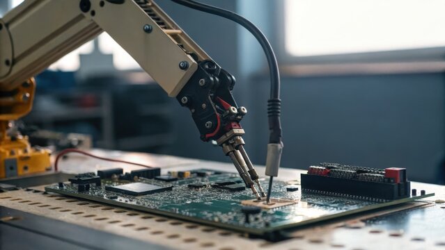 Robotic arm assembling circuit board in indian startup community workspace showing innovation and technology progress - Powered by Adobe