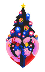 Heart shaped lovers under the Christmas tree taking a selfie