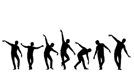 Silhouettes of people dancing and moving in various dynamic poses.