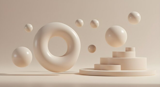 Abstract creamy geometric composition with floating spheres and circular forms