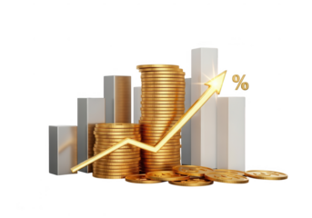 Golden coins stacked with growth chart and percentage sign isolated on transparent background