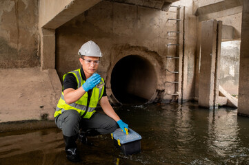 Environmental Scientist Collecting Water Samples Under Bridge for testing