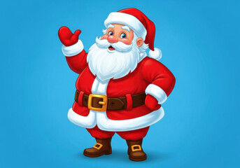 Cartoon santa claus waving hello with a cheerful expression on a blue background