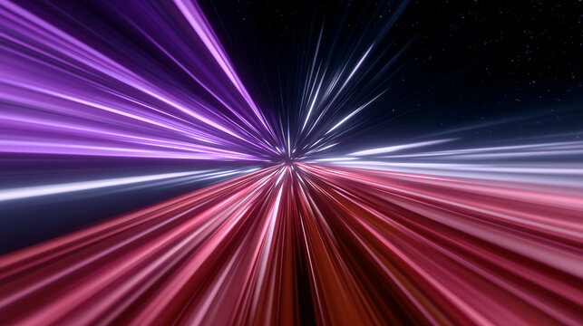 A stunning visual of abstract light streaks in motion, creating a sense of speed and dynamism. The streaks of purple and red light race across the dark space, suggesting energy and movement.