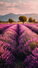 Fototapeta premium A picturesque lavender field in full bloom under a serene sky, creating a vibrant landscape