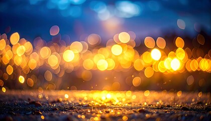 A captivating abstract display of glowing golden orbs and blue hues creating a magical bokeh effect over a reflective ground surface