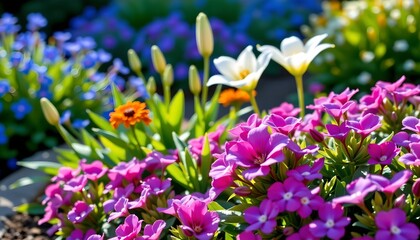 Obraz premium Serene Garden Scene with Purple White and Blue Flowers