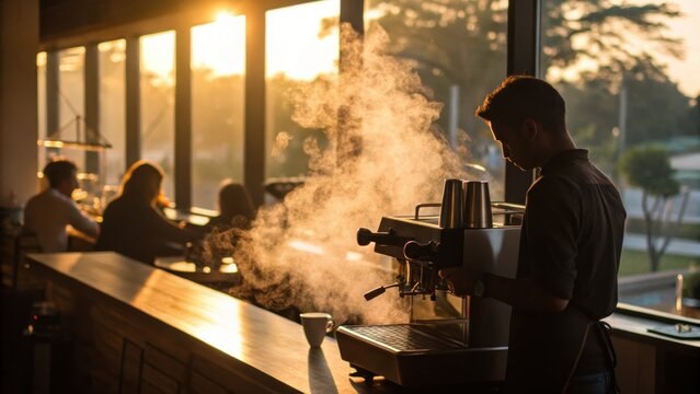 Indian startup community gathers in cozy cafe as barista prepares coffee with steam rising in warm morning sunlight