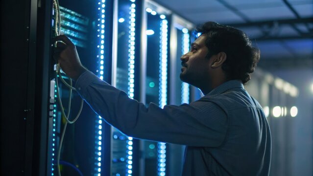 Indian startup community professional working in data center server room with technology and innovation focus