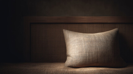 Cozy burlap pillow in rustic, moody interior with copy space.