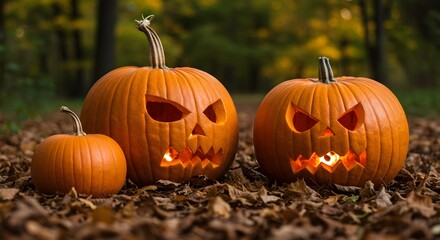 Three carved pumpkins with glowing faces and autumn leaves outdoors