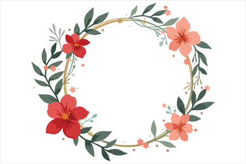 Fototapeta premium Red Floral Watercolor Wreath features hand-painted red blossoms and lush green leaves