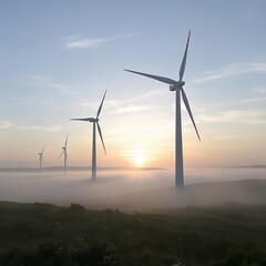 Fototapeta premium Generative AI wind turbines at sunrise with morning mist.