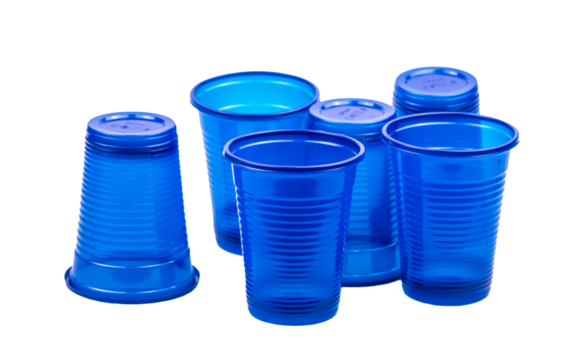 Blue plastic cups standing and upside down on transparent background