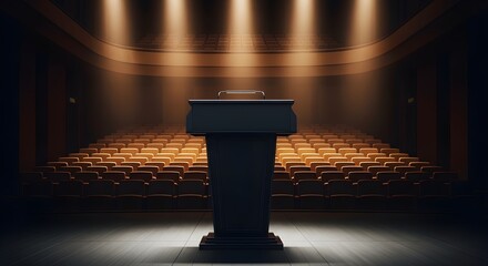 Empty podium illuminated by spotlights in a dark auditorium with audience seating