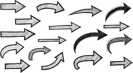 set of hand drawn abstract distress grunge brush arrows, set of black and white silhouettes of various brushed strokes, Hand-drawn collection of various arrow and brush set. © CreatAr8