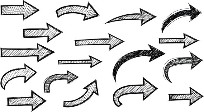 set of hand drawn abstract distress grunge brush arrows, set of black and white silhouettes of various brushed strokes, Hand-drawn collection of various arrow and brush set.