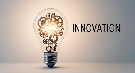 A bright light bulb containing illuminated, interlocking gears symbolizing complex thinking, problem-solving, and the mechanics behind new ideas and innovation.