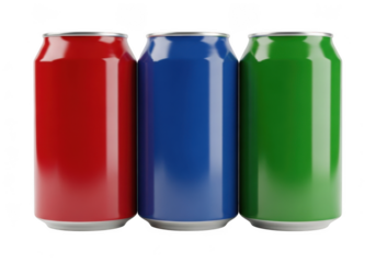 Three colorful soda cans isolated on transparent background