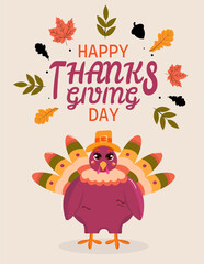 Happy Thanksgiving day greeting card with cute turkey in hat and autumn leaves around. Vector illustration