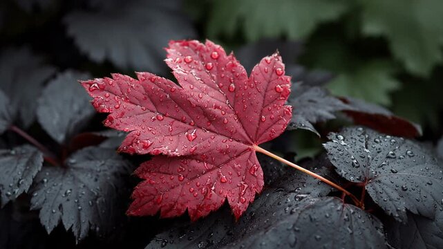 A red maple leaf lies on black leaves, with water droplets on it